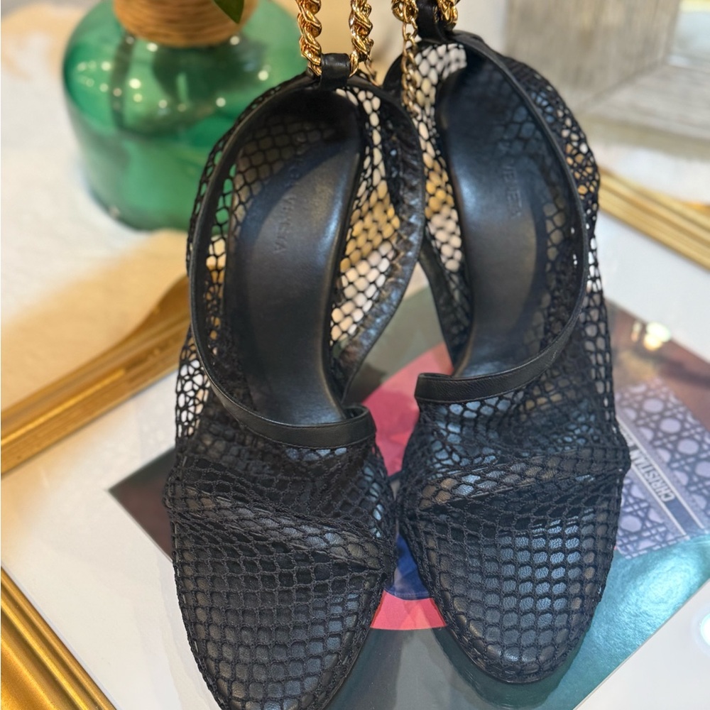 Bottega Veneta Black Mesh Chain-Strap Slingback Flats